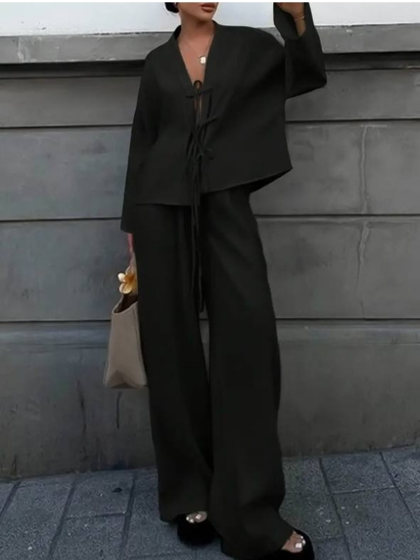 Kadın Siyah Ayrobin Bağlamalı Kimono Takım - 10837