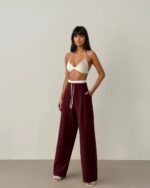 Kadın Bordo Beli Şerit Lastikli Pantolon - 10846