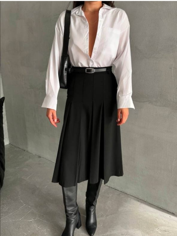 Kadın Beyaz Düz Gömlek Siyah Midi Etekli Elbise - 10854