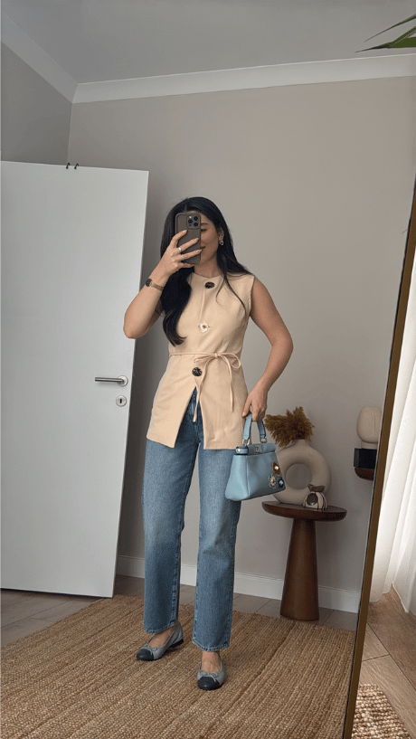 Kadın Bej Gold Düğmeli Yelek - 10872