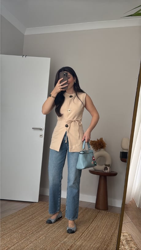 Kadın Bej Gold Düğmeli Yelek - 10872