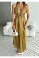 Haki Belden Oturtmalı Sırt Detayı Çapraz Kalın Askılı Ipek-saten Elbise - 10882