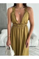 Haki Belden Oturtmalı Sırt Detayı Çapraz Kalın Askılı Ipek-saten Elbise - 10882