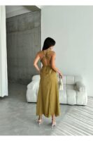 Haki Belden Oturtmalı Sırt Detayı Çapraz Kalın Askılı Ipek-saten Elbise - 10882