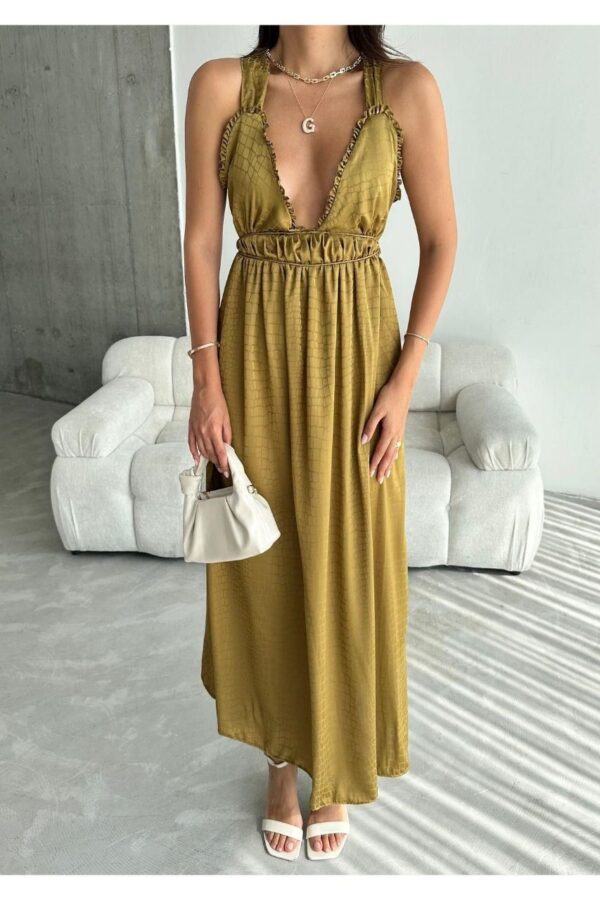 Haki Belden Oturtmalı Sırt Detayı Çapraz Kalın Askılı Ipek-saten Elbise - 10882