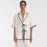 Kadın Beyaz Siyah Şerit Biye Detaylı İpli Bağlamalı Keten Hırka Pantolon Takım - 10888