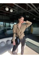 Kadın Sütlü Kahve Kuşaklı Tek Düğmeli Tasarım Süet Ceket - 10890