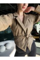 Kadın Sütlü Kahve Kuşaklı Tek Düğmeli Tasarım Süet Ceket - 10890