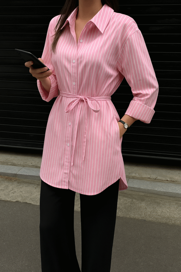 Kadın Pembe Çizgili Uzun Poplin Gömlek - 10892