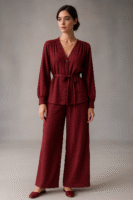 Kadın Bordo Kruvaze Bağlama Detaylı Bluz ve Pantolon Dokuma Lüx Kalite Kirınkıl Alt-Üst Takım -10893