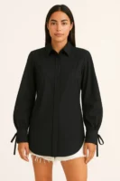 Kadın Siyah Kolu İp Detaylı Tasarımlı Gömlek - 10894