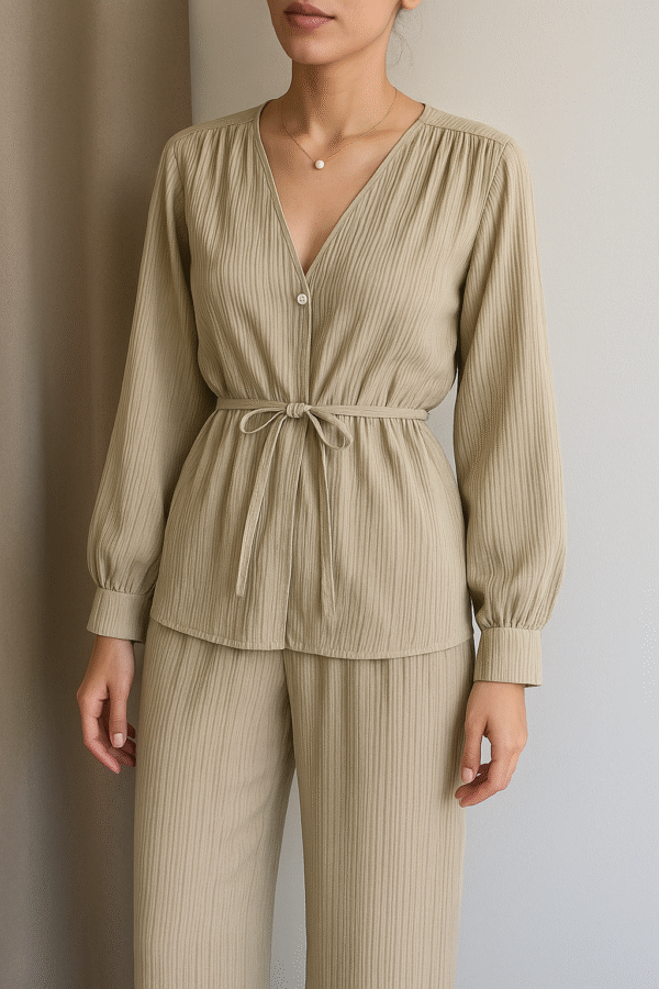 Kadın Bej Parlak Desenli Asimetrik Gömlek Pantolon Takım - 10897