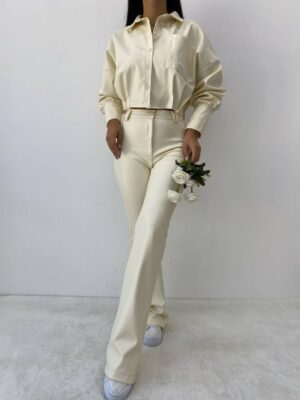 Kadın Krem İspanyol Paça Deri Pantolon -10901